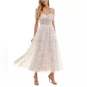 SENI & CADE Juniors' Twist-Front Shoulder-Tie Midi Floral White Dress